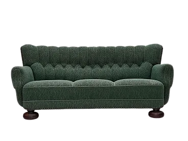Danish 3-seater sofa in green furniture wool and oak wood, 1960s