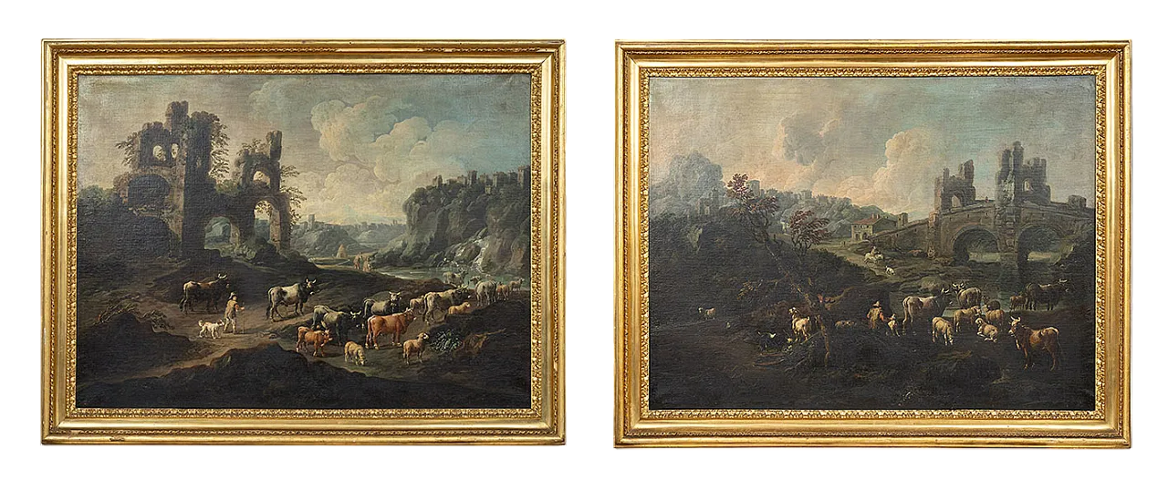 Coppia di dipinti olio su tela con cornici coeve, '700 13