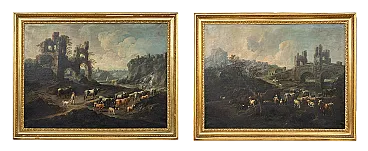 Coppia di dipinti olio su tela con cornici coeve, '700