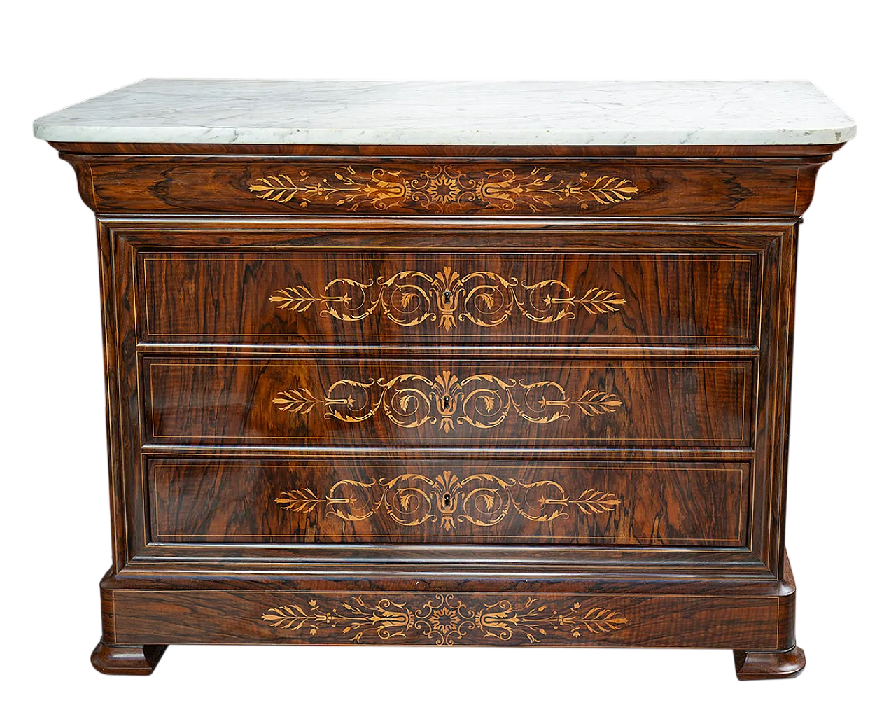 Cassettone Carlo X in radica di noce con piano in marmo, '800 7
