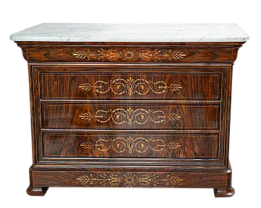 Cassettone Carlo X in radica di noce con piano in marmo, '800