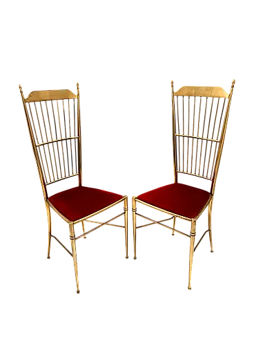 Pair of Chiavarine chairs in brass and red velvet, mid-20th century