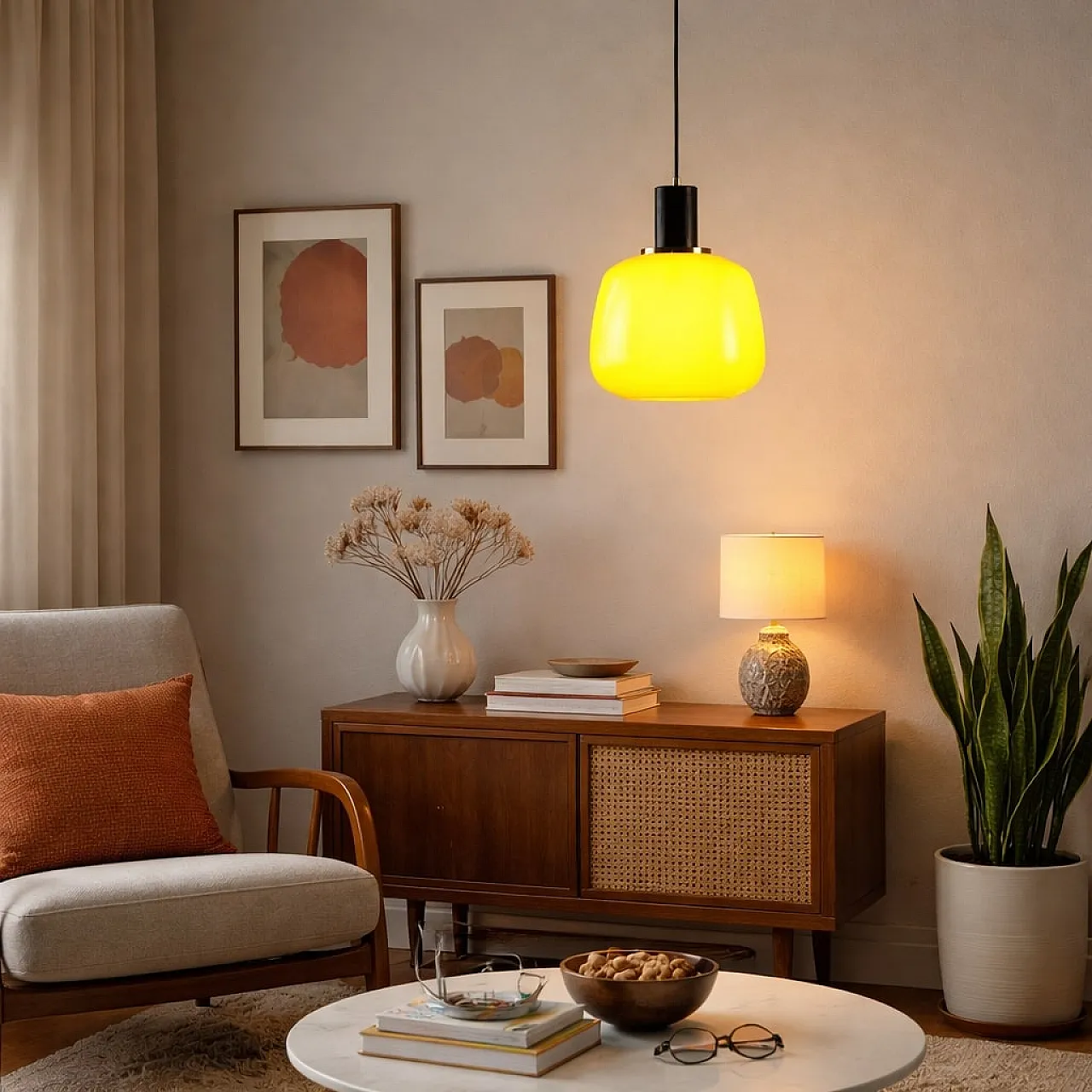 Plafoniera in vetro giallo, ottone e metallo smaltato, '900 2