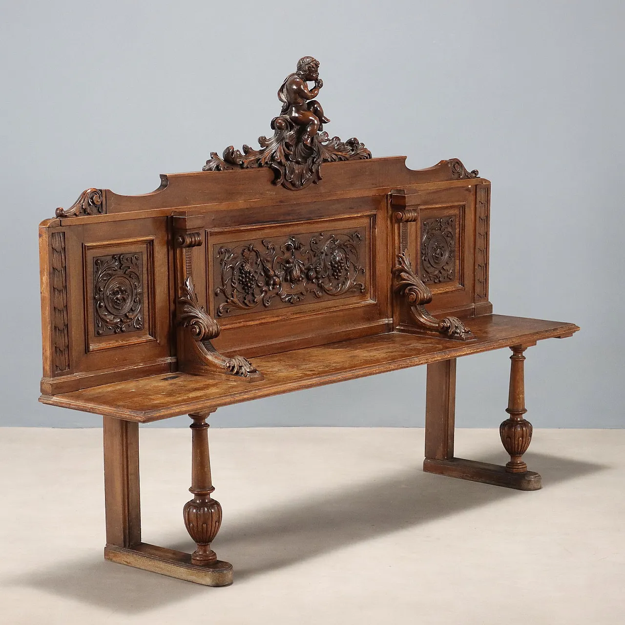 Richly carved walnut bench, late 19th century 1