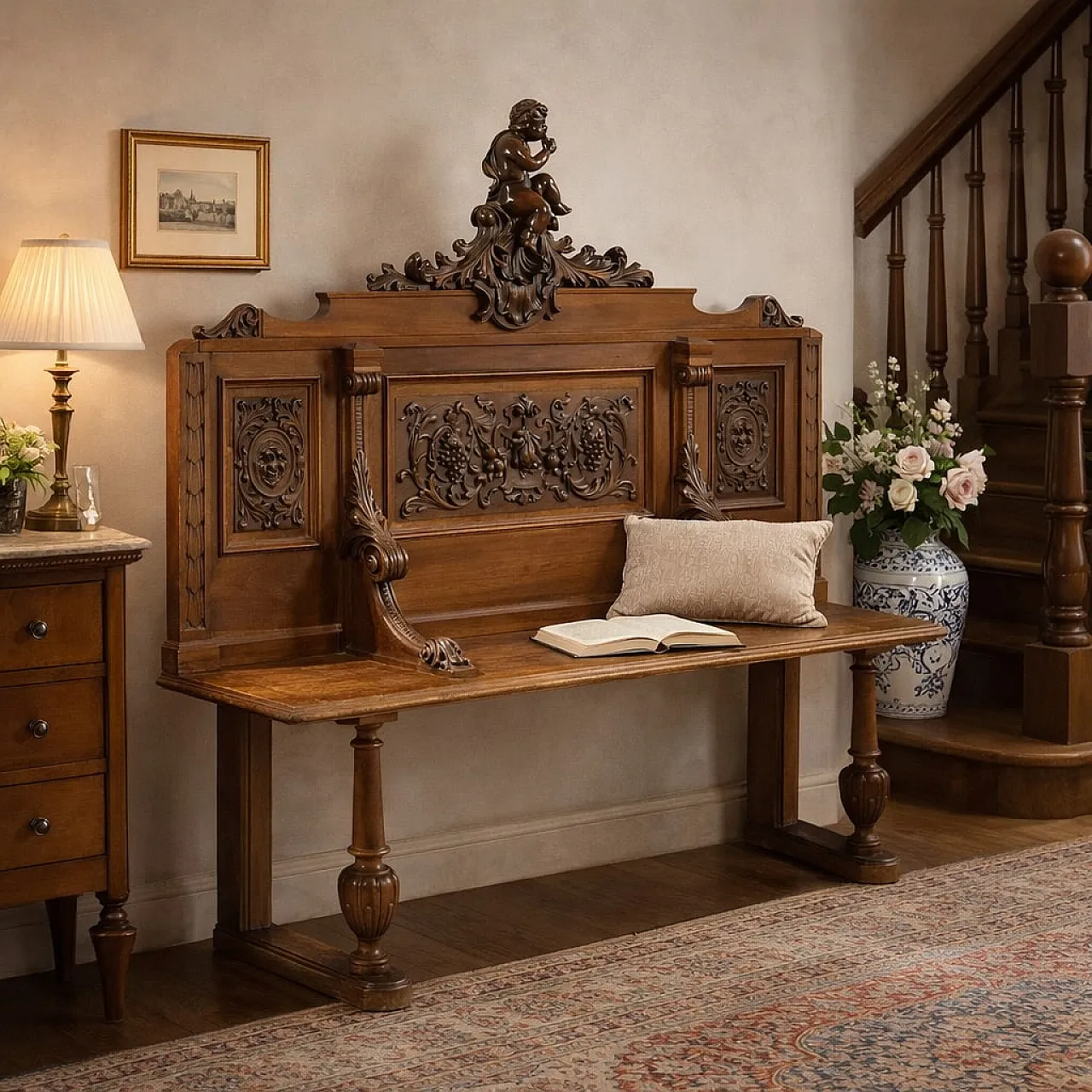 Richly carved walnut bench, late 19th century 2