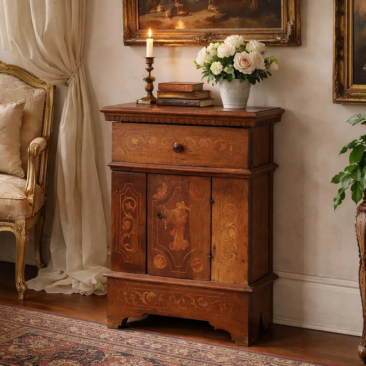 Comodino barocco in noce, ricavato da inginocchiatoio, '600 2