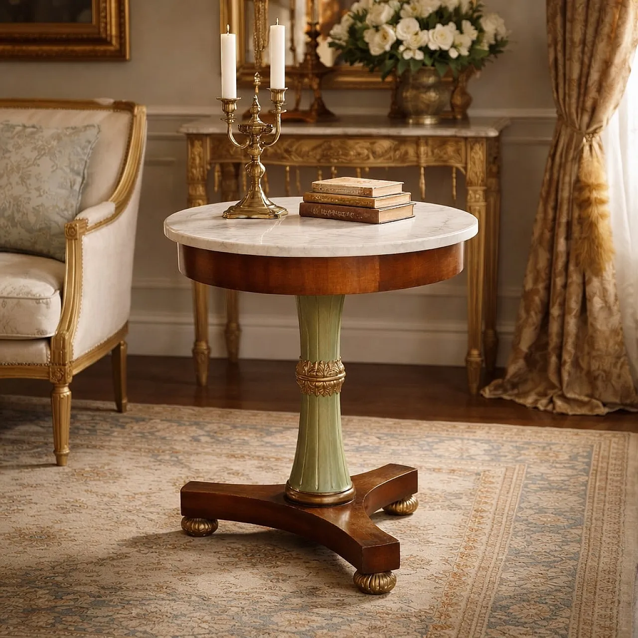 Tavolino impero in mogano con piano in marmo bianco, primo '800 2