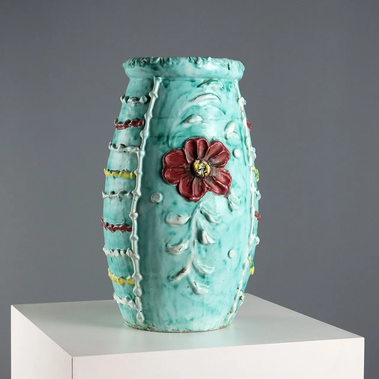 Ceramic umbrella stand with polychrome glazes, 20th century 1