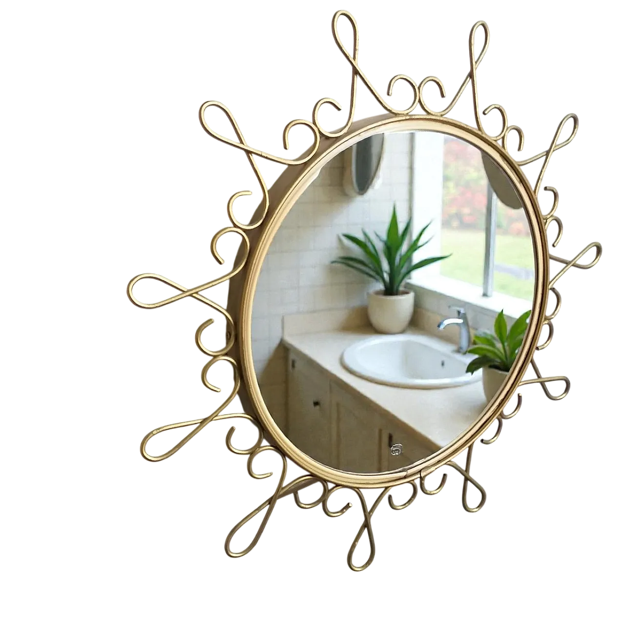 Specchio maggiordomo dorato con effetto sunburst convesso, anni '70 7