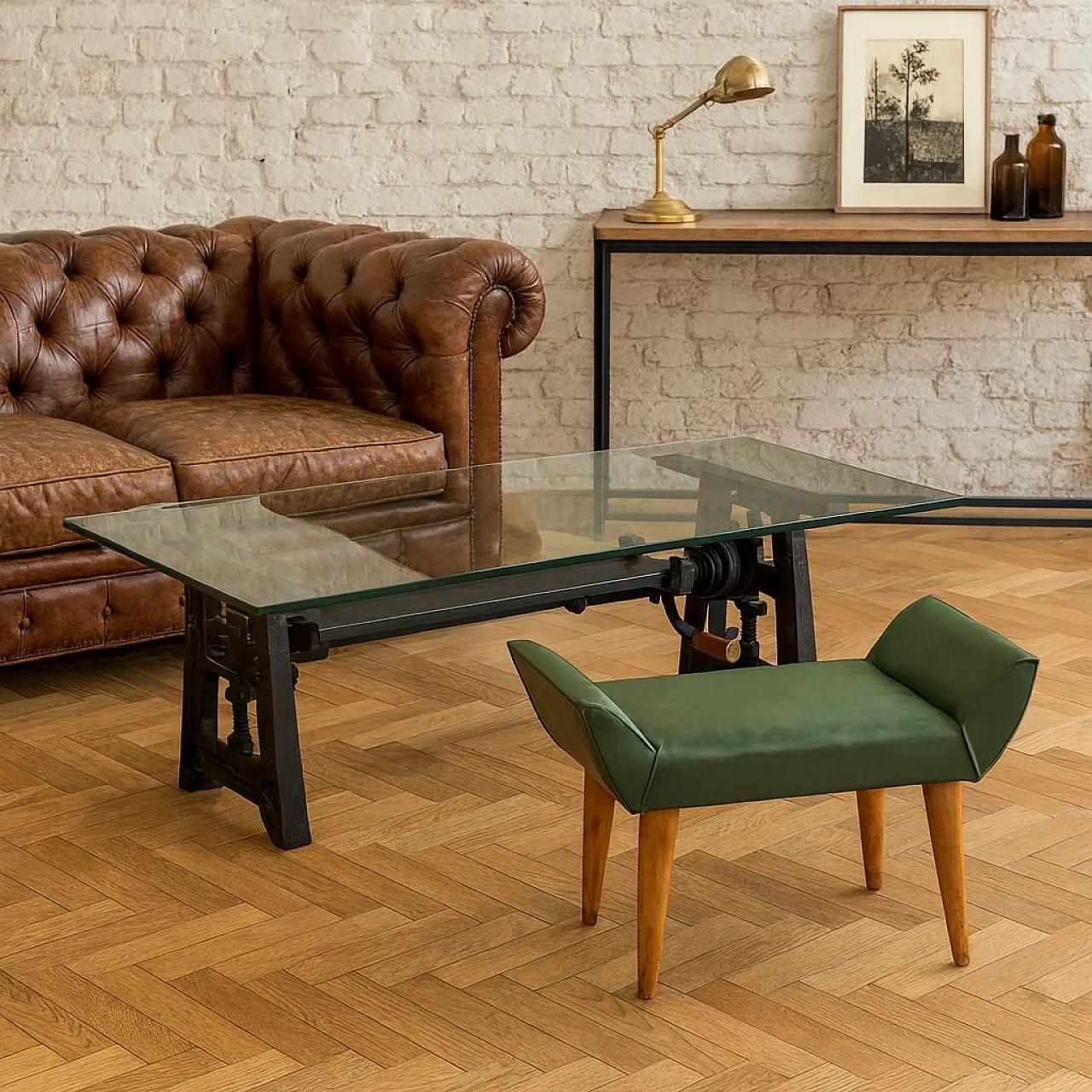 Pouf con gambe in legno e seduta in similpelle verde, '900 2