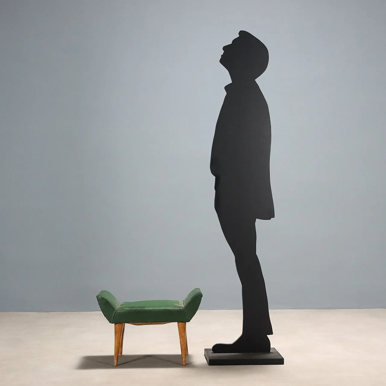 Pouf con gambe in legno e seduta in similpelle verde, '900 3