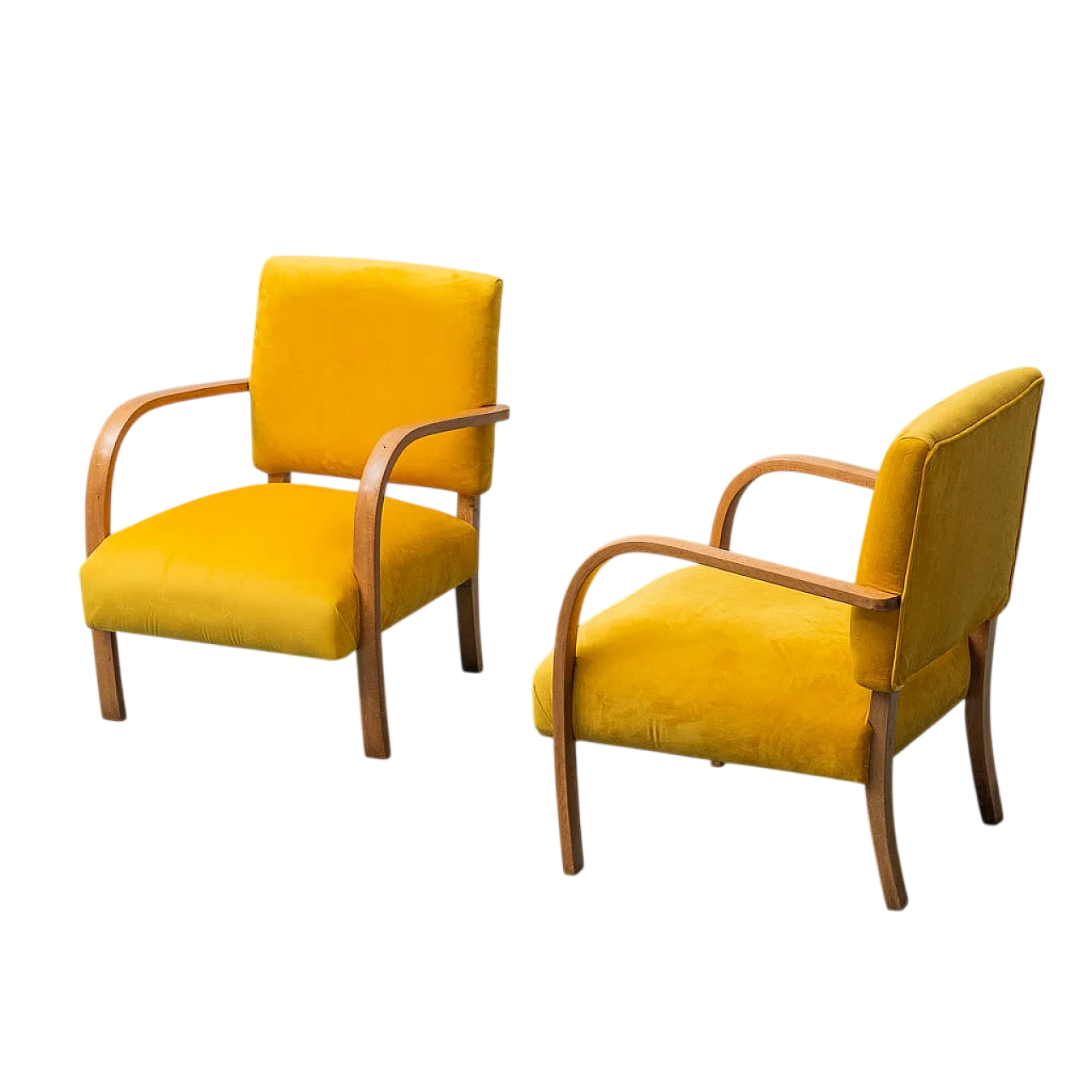 Pair of armchairs in yellow velvet and wood, 1950s 12
