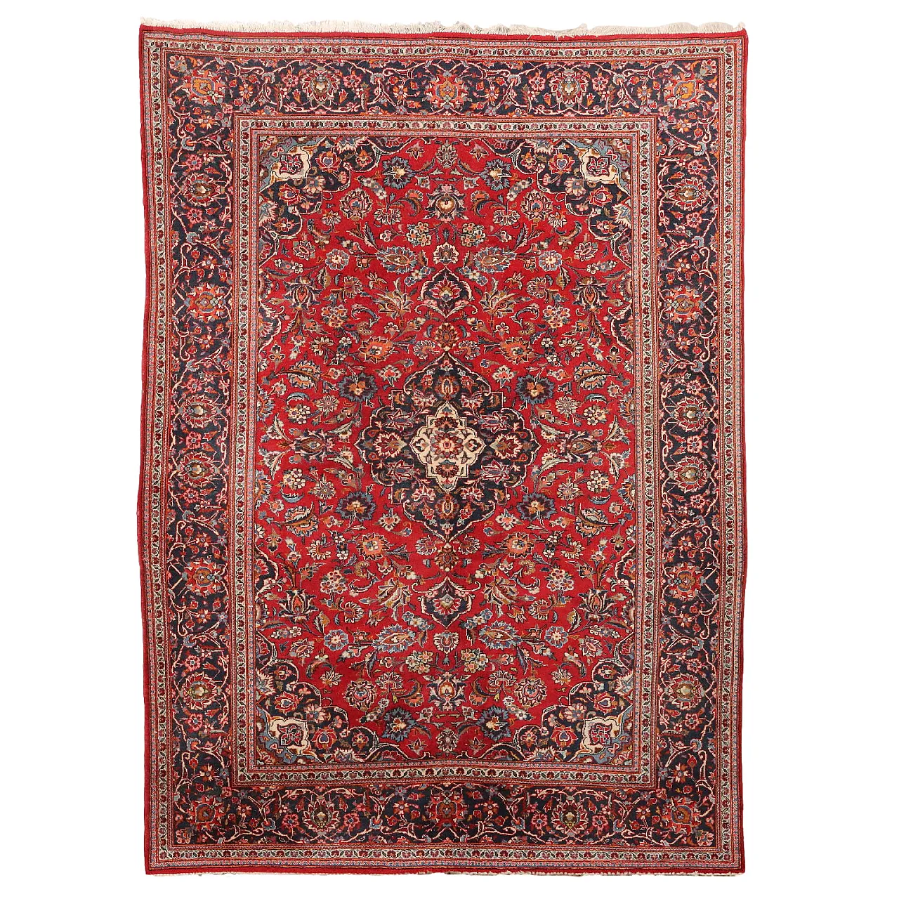 Iranian red, blue and beige wool and cotton Keshan rug 1