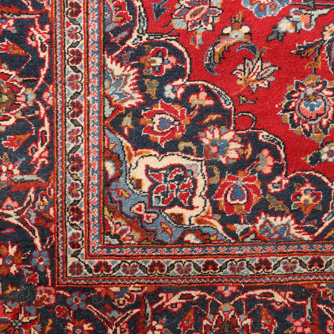 Iranian red, blue and beige wool and cotton Keshan rug 5