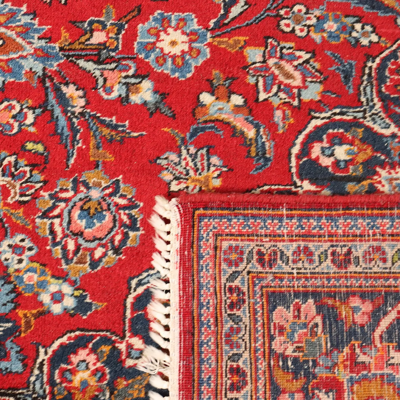Iranian red, blue and beige wool and cotton Keshan rug 9