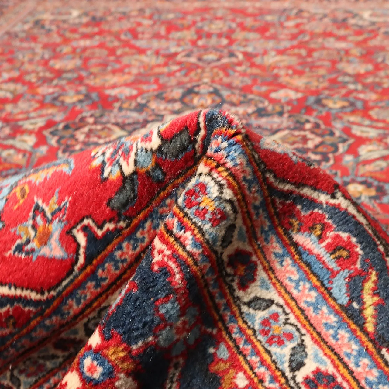 Iranian red, blue and beige wool and cotton Keshan rug 10