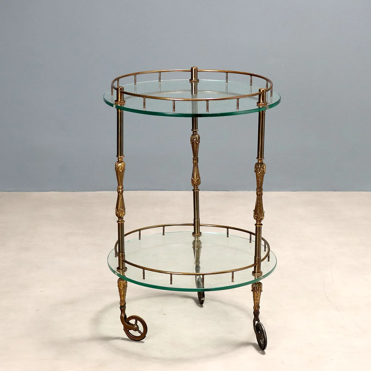 Serving cart in bronze, crystal and brass, 20th century 1