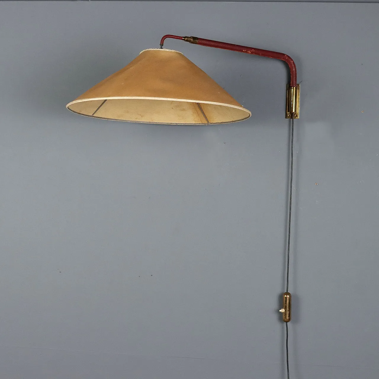 Lampada da parete in ottone, carta e pelle, anni '50 5