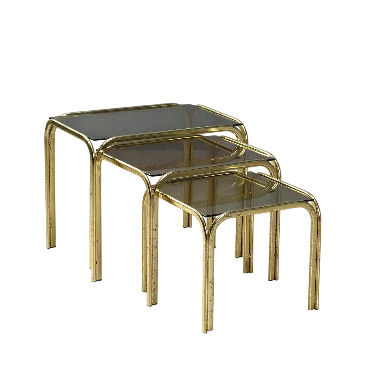 3 Tavolini impilabili in ottone e piani in vetro fumé, '900 8