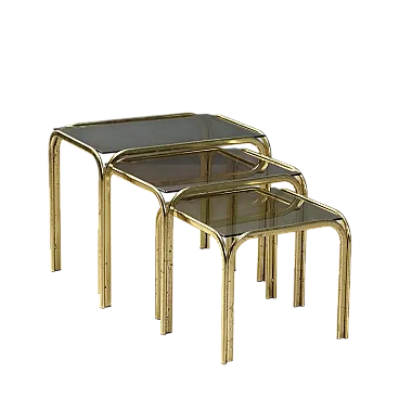3 Tavolini impilabili in ottone e piani in vetro fumé, '900