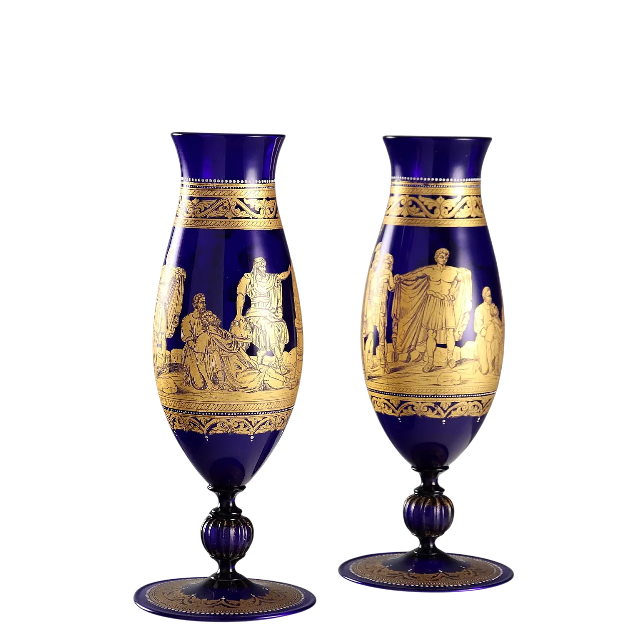 Coppia di vasi in vetro soffiato blu a forma di fuso, '900 11