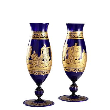 Coppia di vasi in vetro soffiato blu a forma di fuso, '900