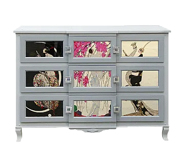 Cassettiera artigianale in legno di pero e teak, anni '20