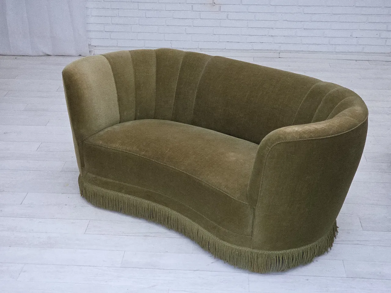 Danish 2-seater Banana sofa green velour, 1960s 15