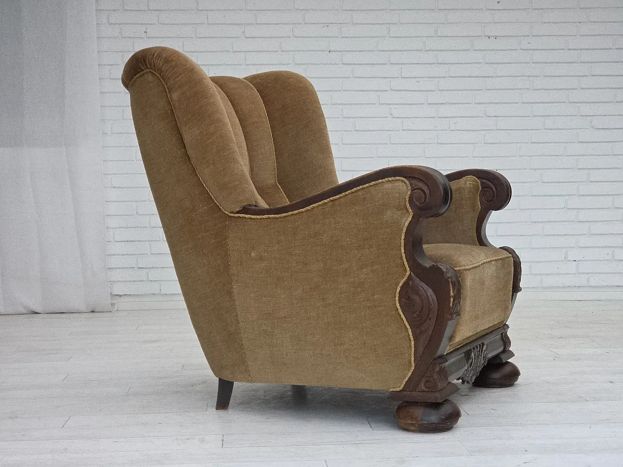 Danish relax chair, green velour, carved oak, 1960s 1