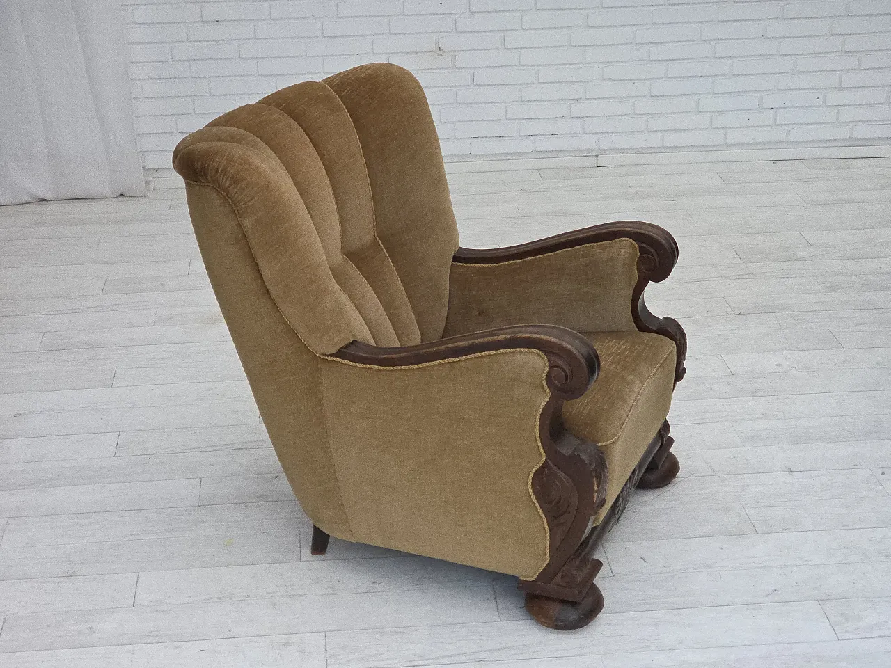 Danish relax chair, green velour, carved oak, 1960s 2