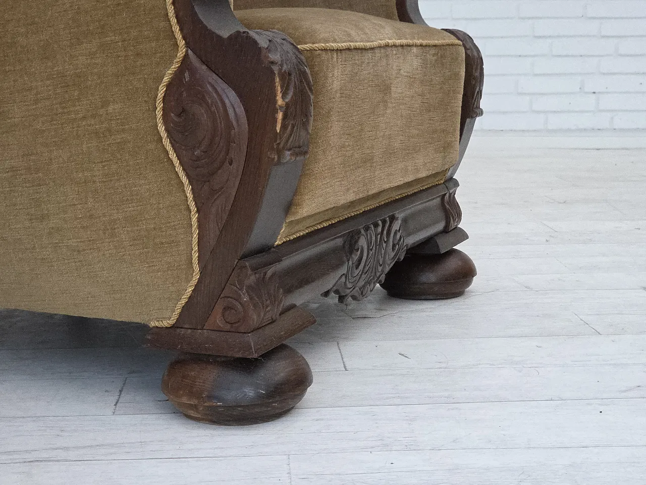 Danish relax chair, green velour, carved oak, 1960s 3
