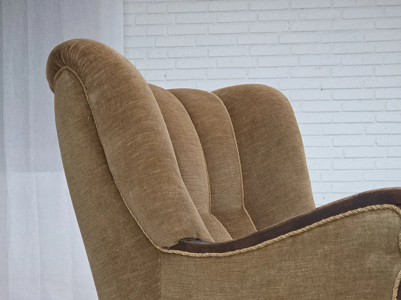 Danish relax chair, green velour, carved oak, 1960s 4