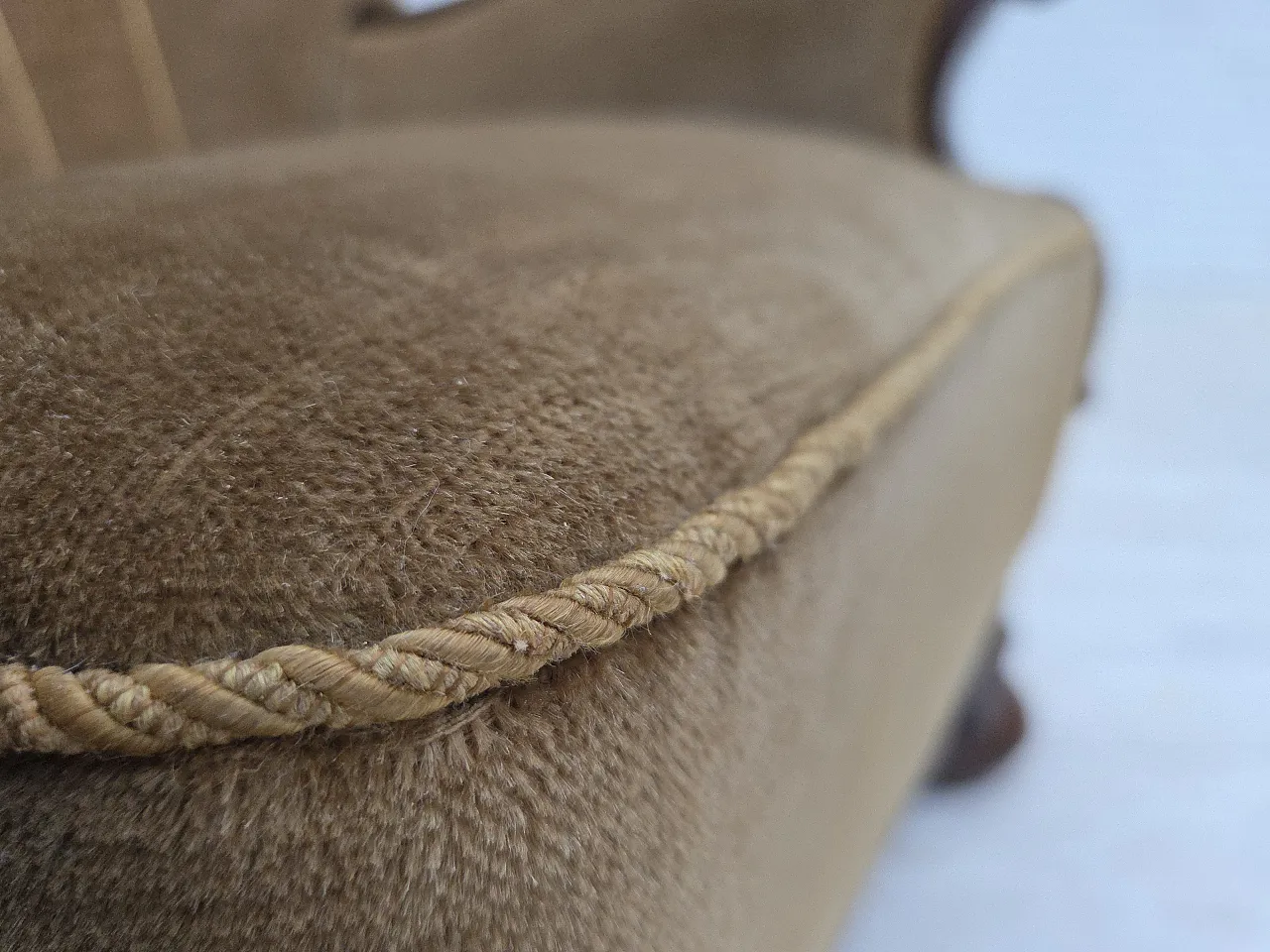 Danish relax chair, green velour, carved oak, 1960s 5