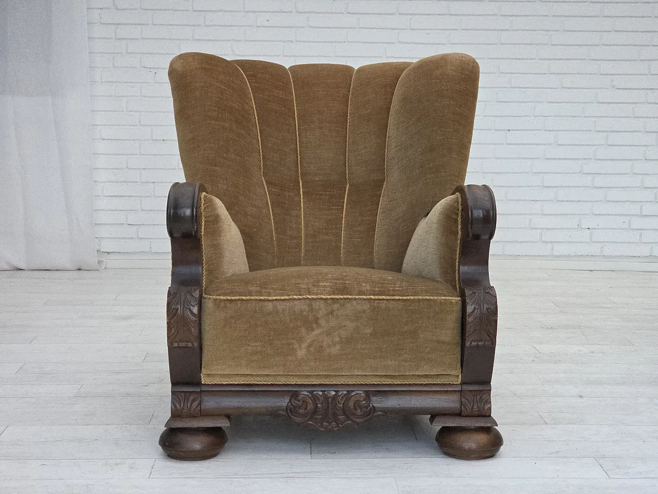 Danish relax chair, green velour, carved oak, 1960s 6