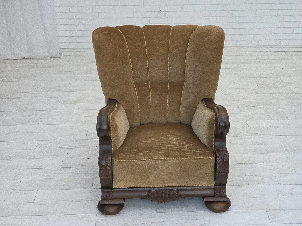 Danish relax chair, green velour, carved oak, 1960s 7