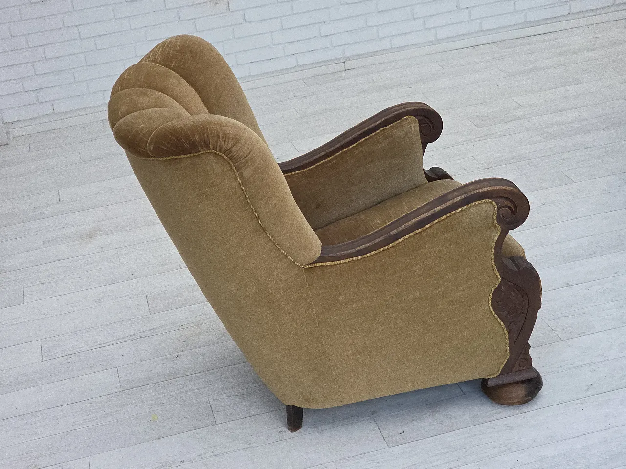 Danish relax chair, green velour, carved oak, 1960s 9