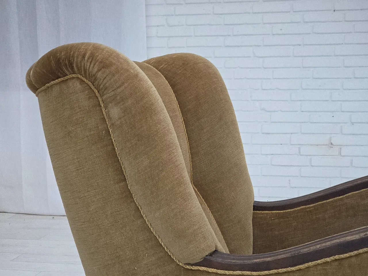 Danish relax chair, green velour, carved oak, 1960s 10