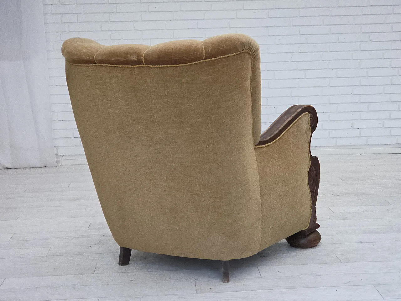Danish relax chair, green velour, carved oak, 1960s 11