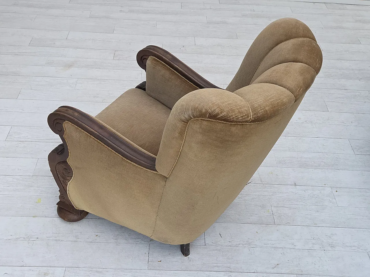Danish relax chair, green velour, carved oak, 1960s 14