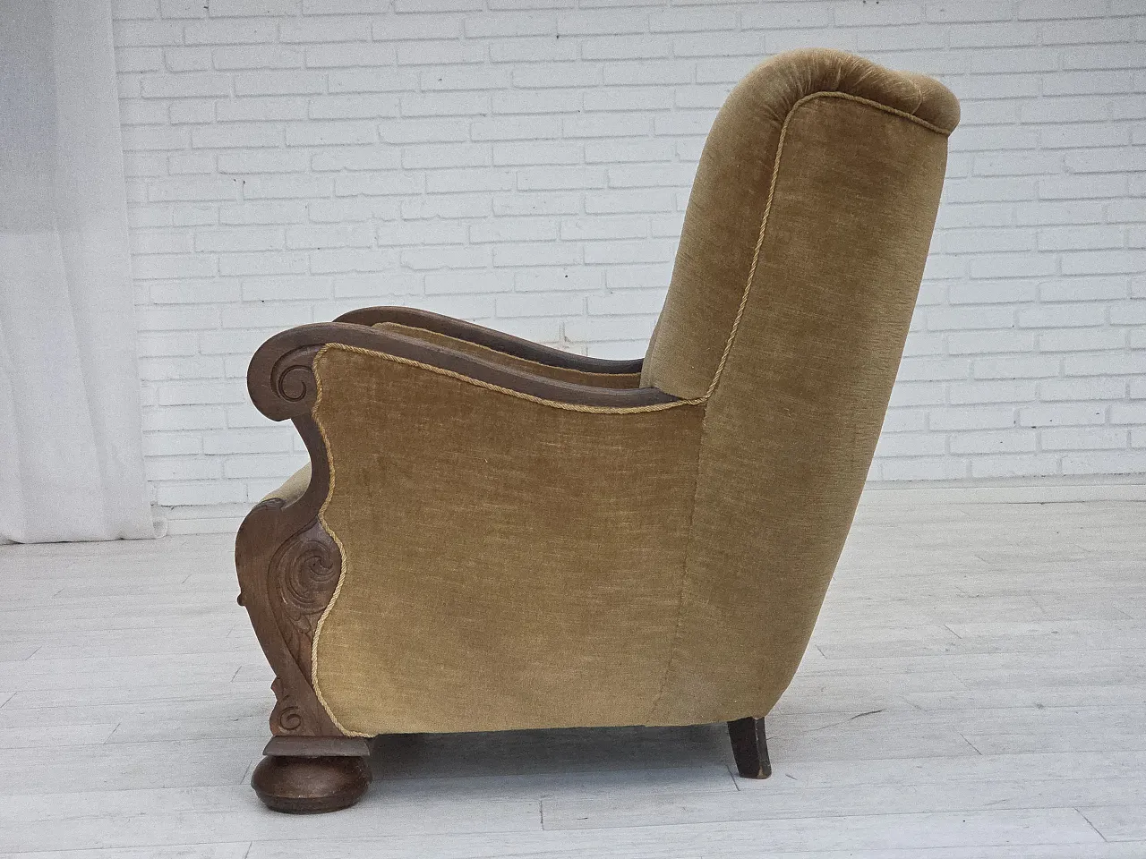 Danish relax chair, green velour, carved oak, 1960s 16