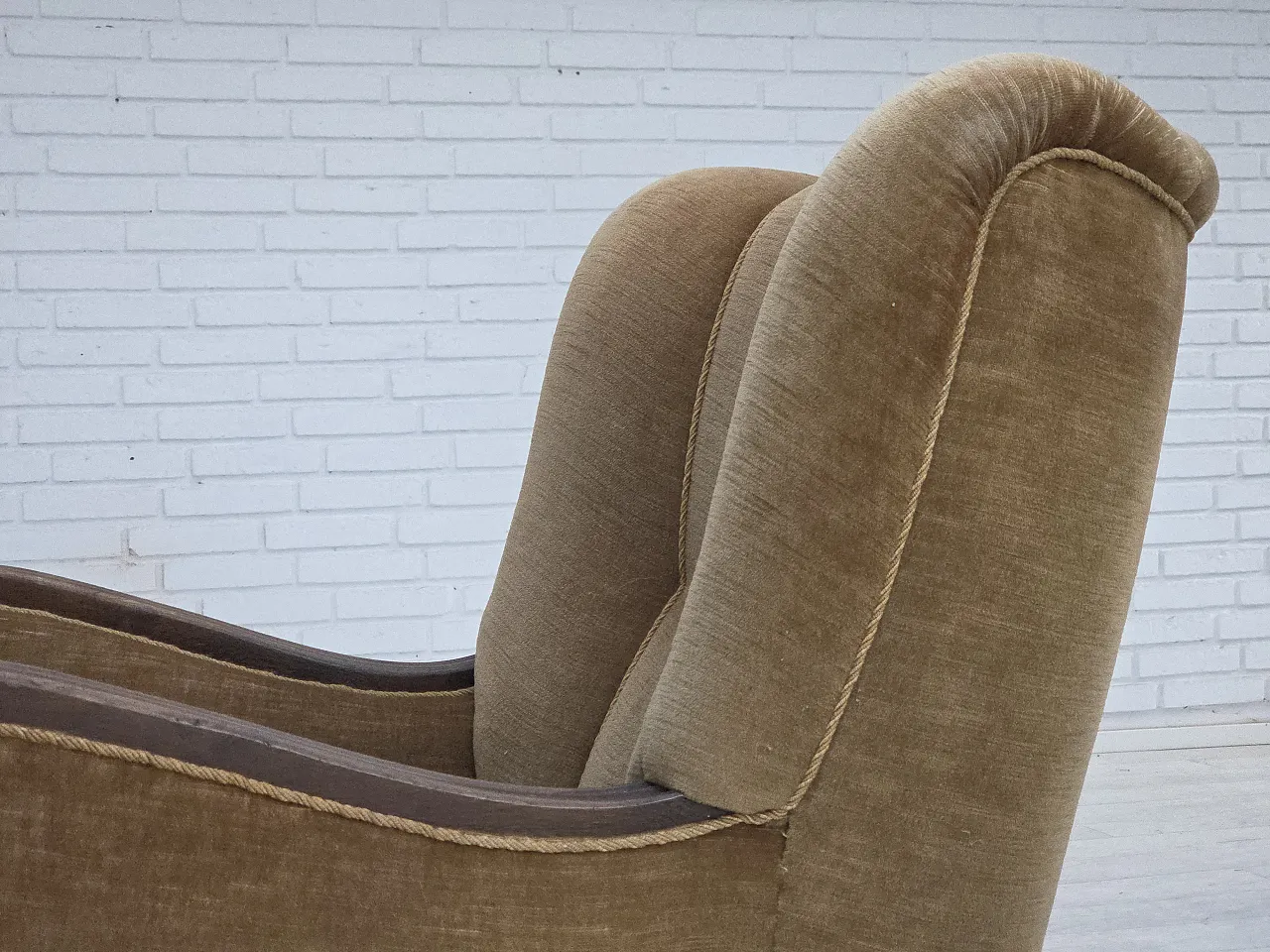 Danish relax chair, green velour, carved oak, 1960s 17