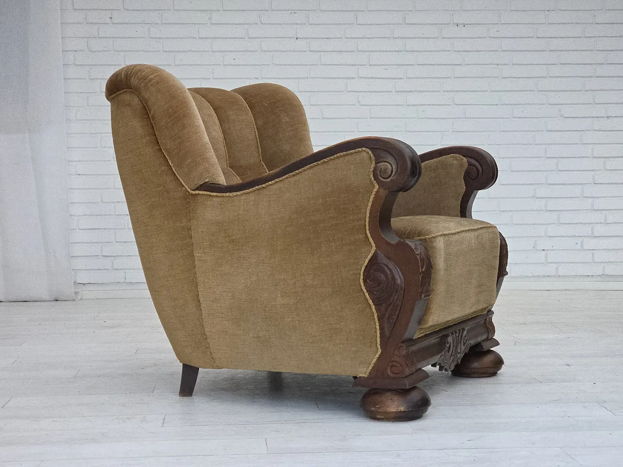 Danish armchair, green velour, carved oak wood, 1960s 1