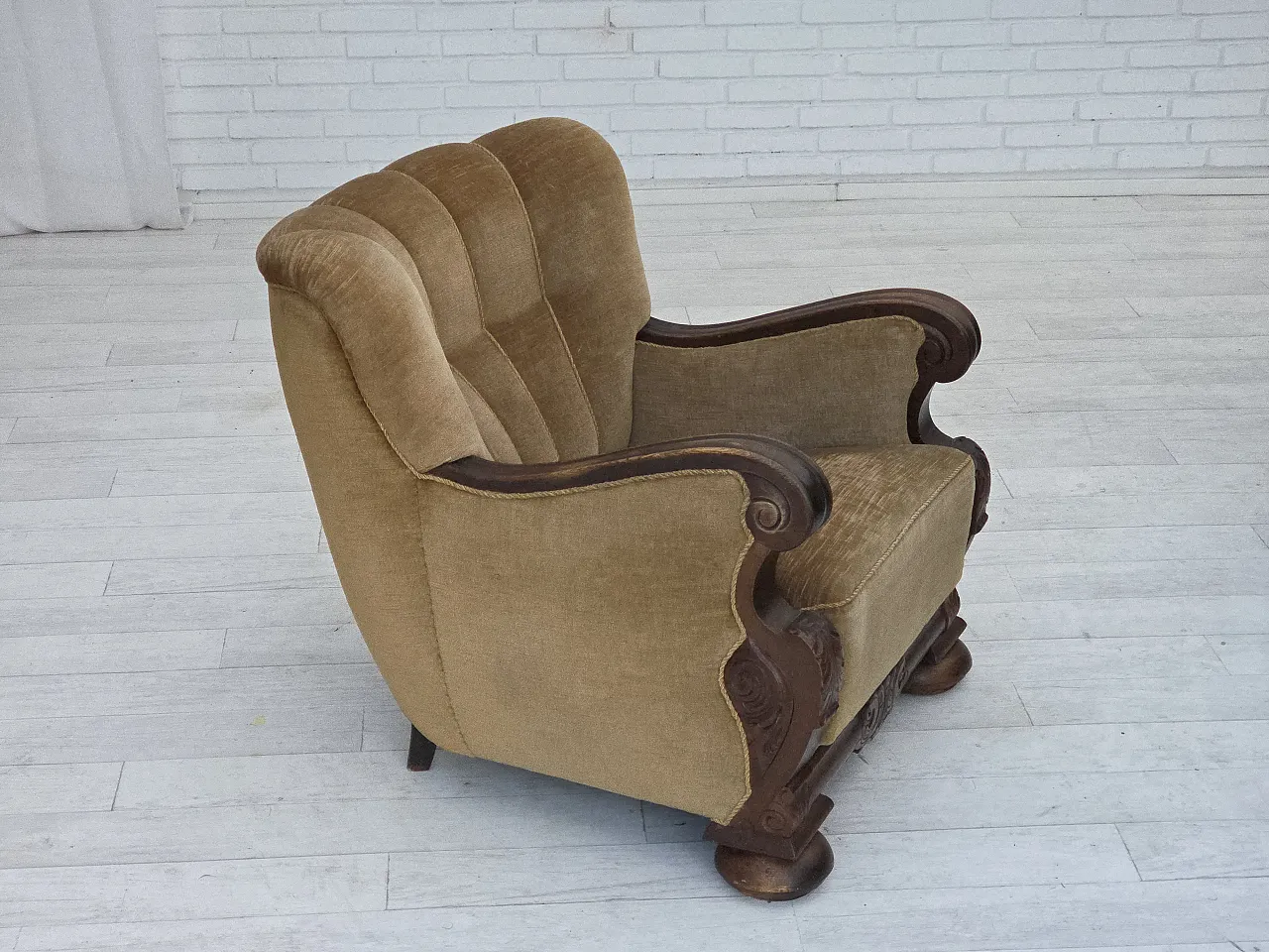 Danish armchair, green velour, carved oak wood, 1960s 2