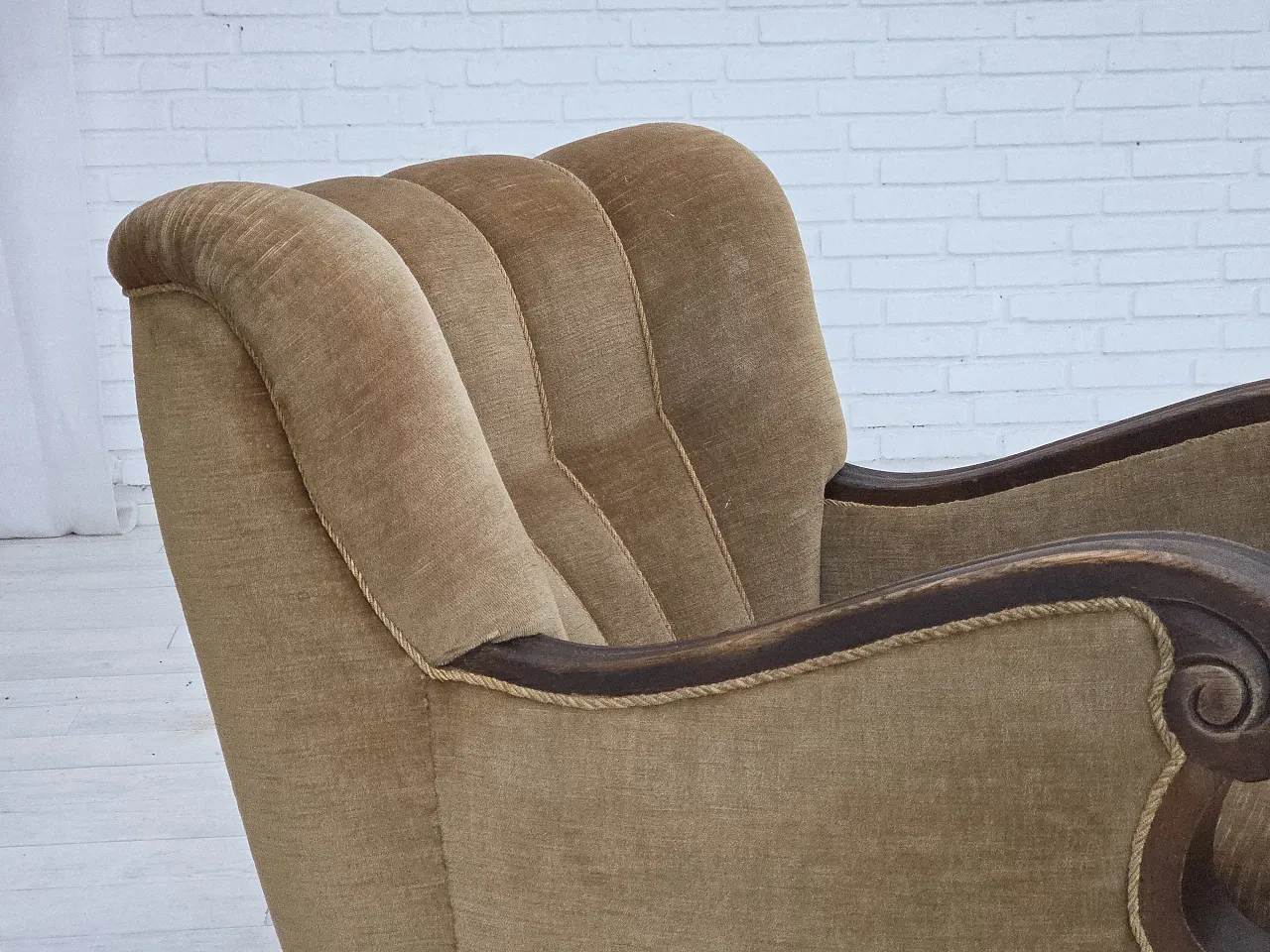 Danish armchair, green velour, carved oak wood, 1960s 3