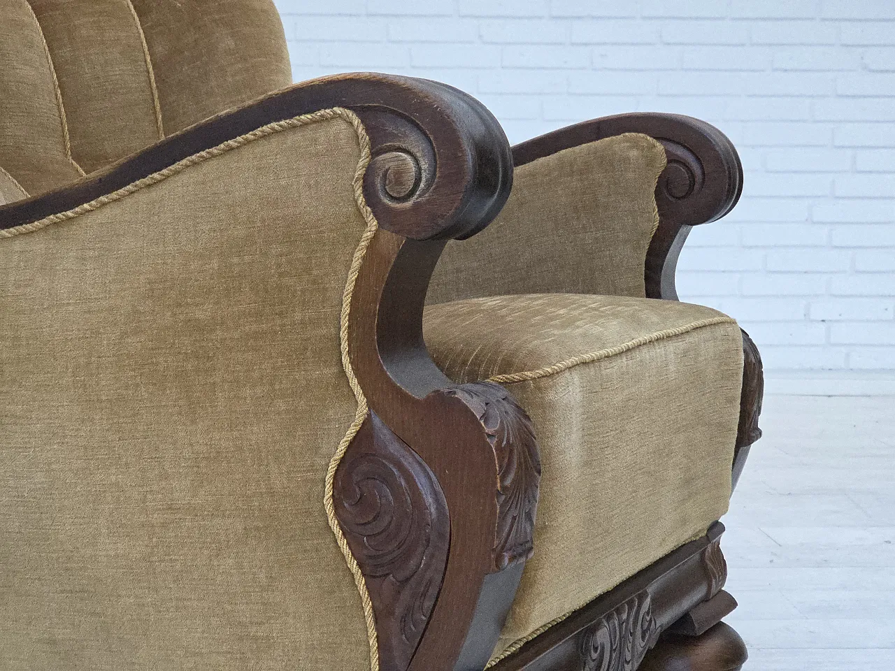 Danish armchair, green velour, carved oak wood, 1960s 4