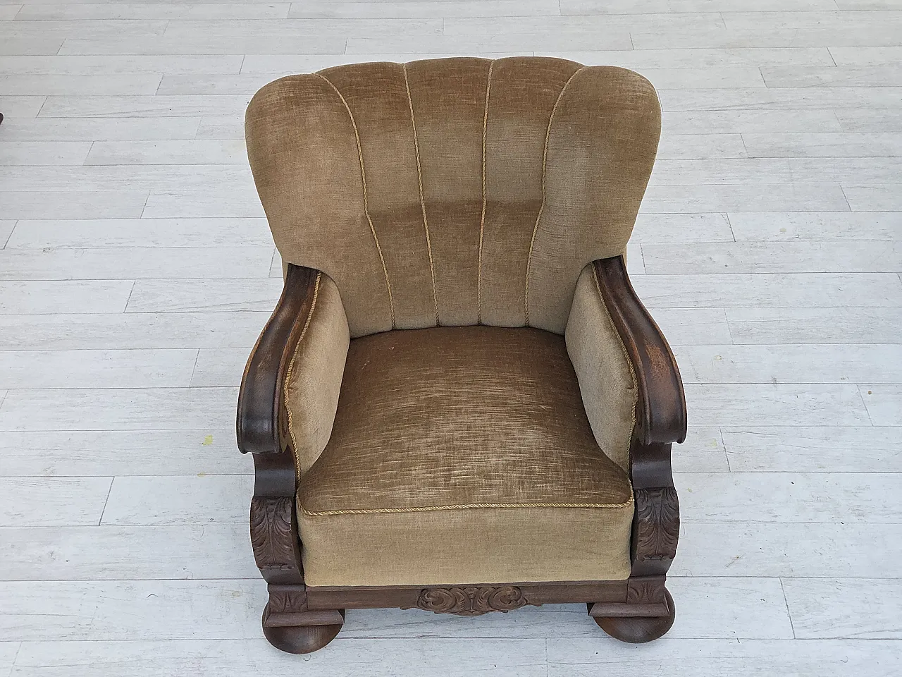 Danish armchair, green velour, carved oak wood, 1960s 6