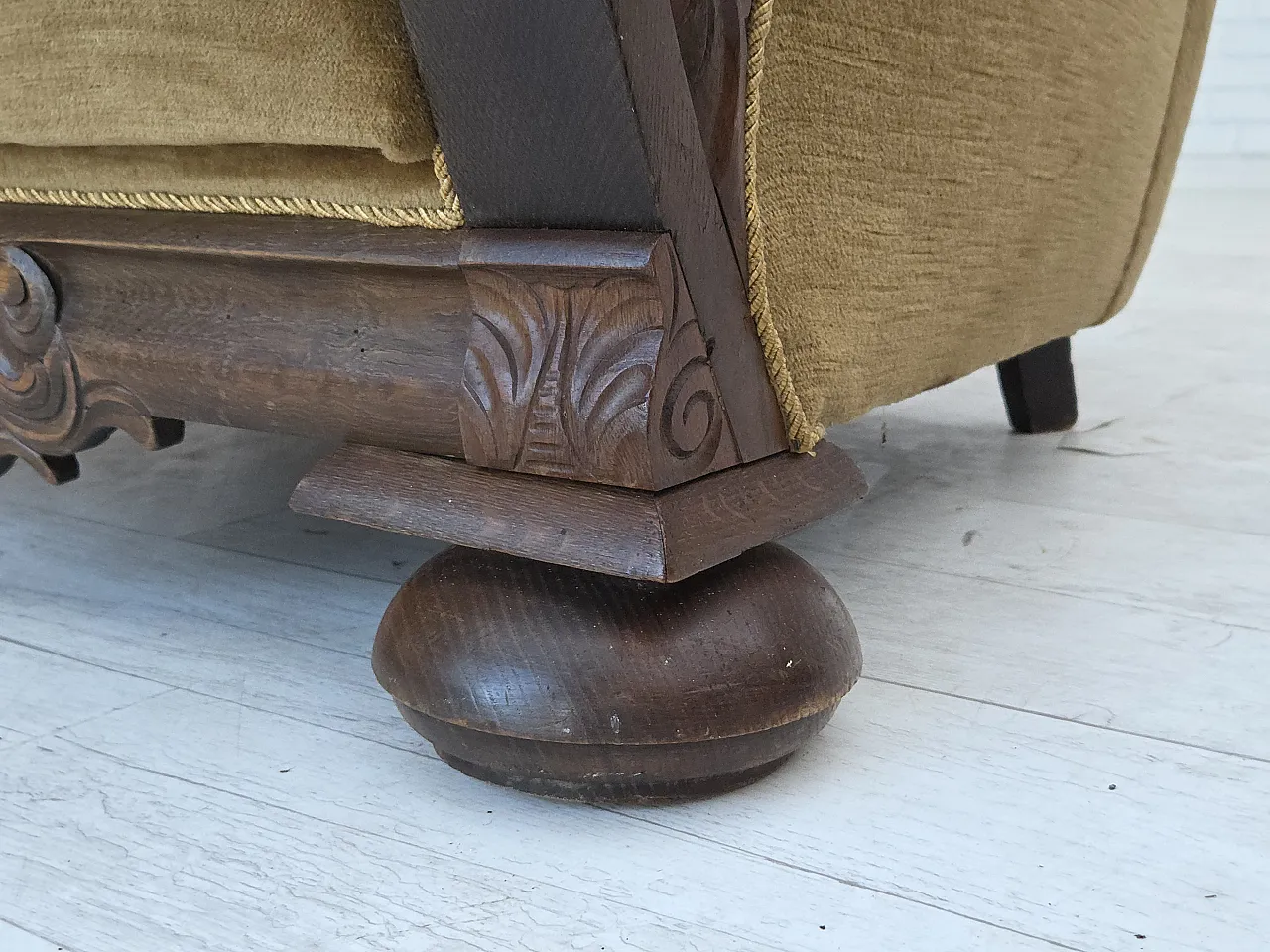 Danish armchair, green velour, carved oak wood, 1960s 7