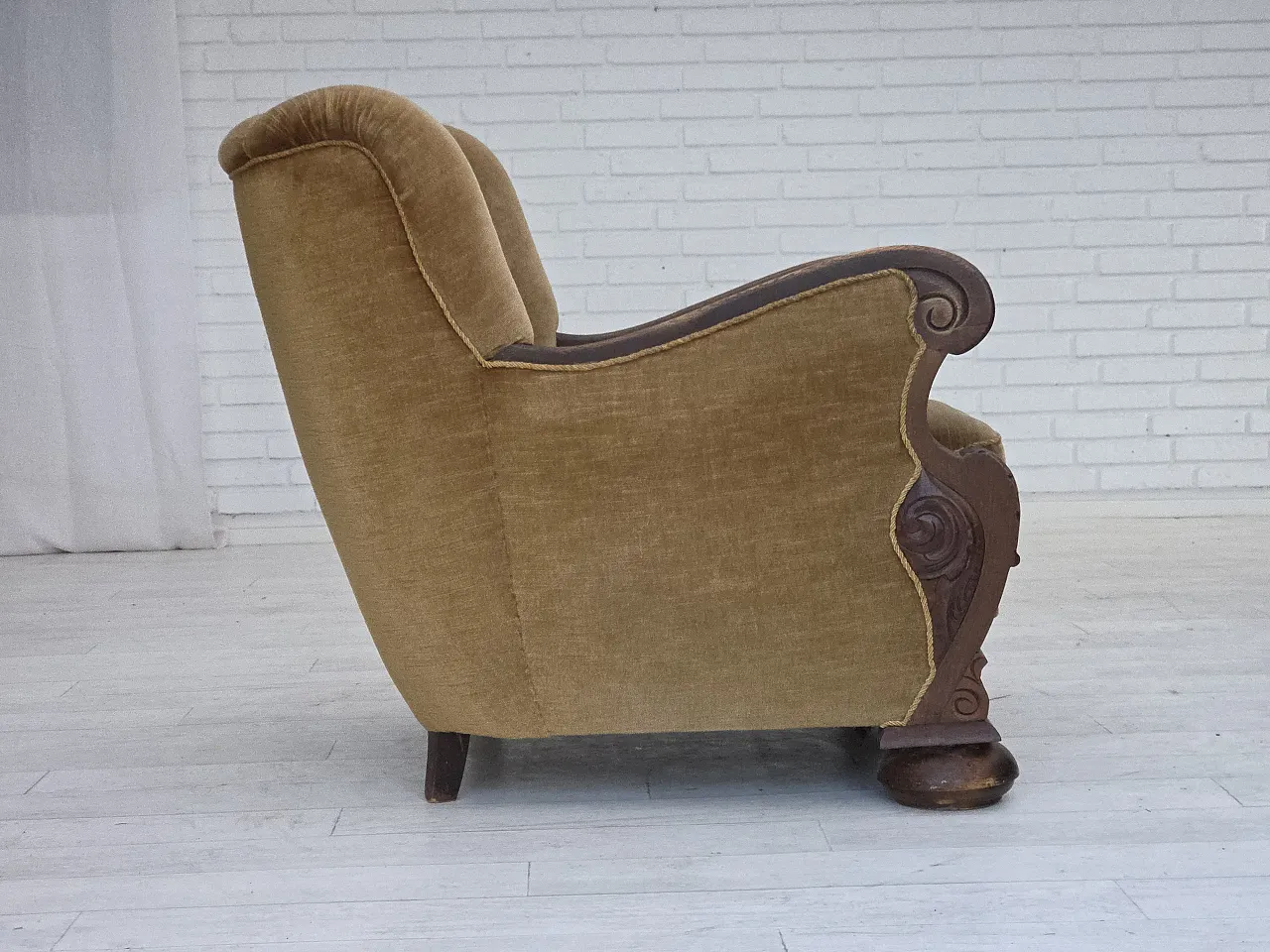 Danish armchair, green velour, carved oak wood, 1960s 9