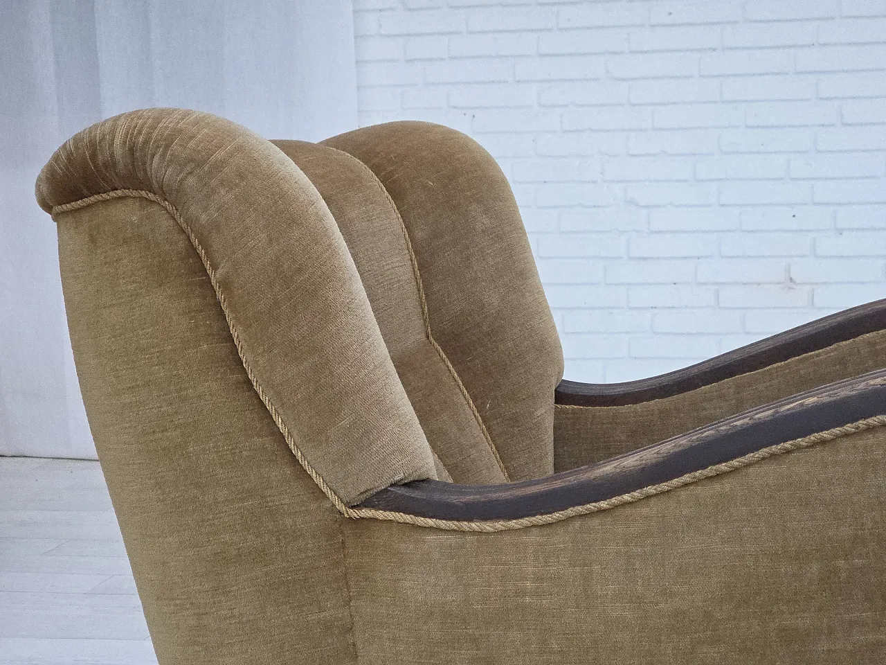 Danish armchair, green velour, carved oak wood, 1960s 10