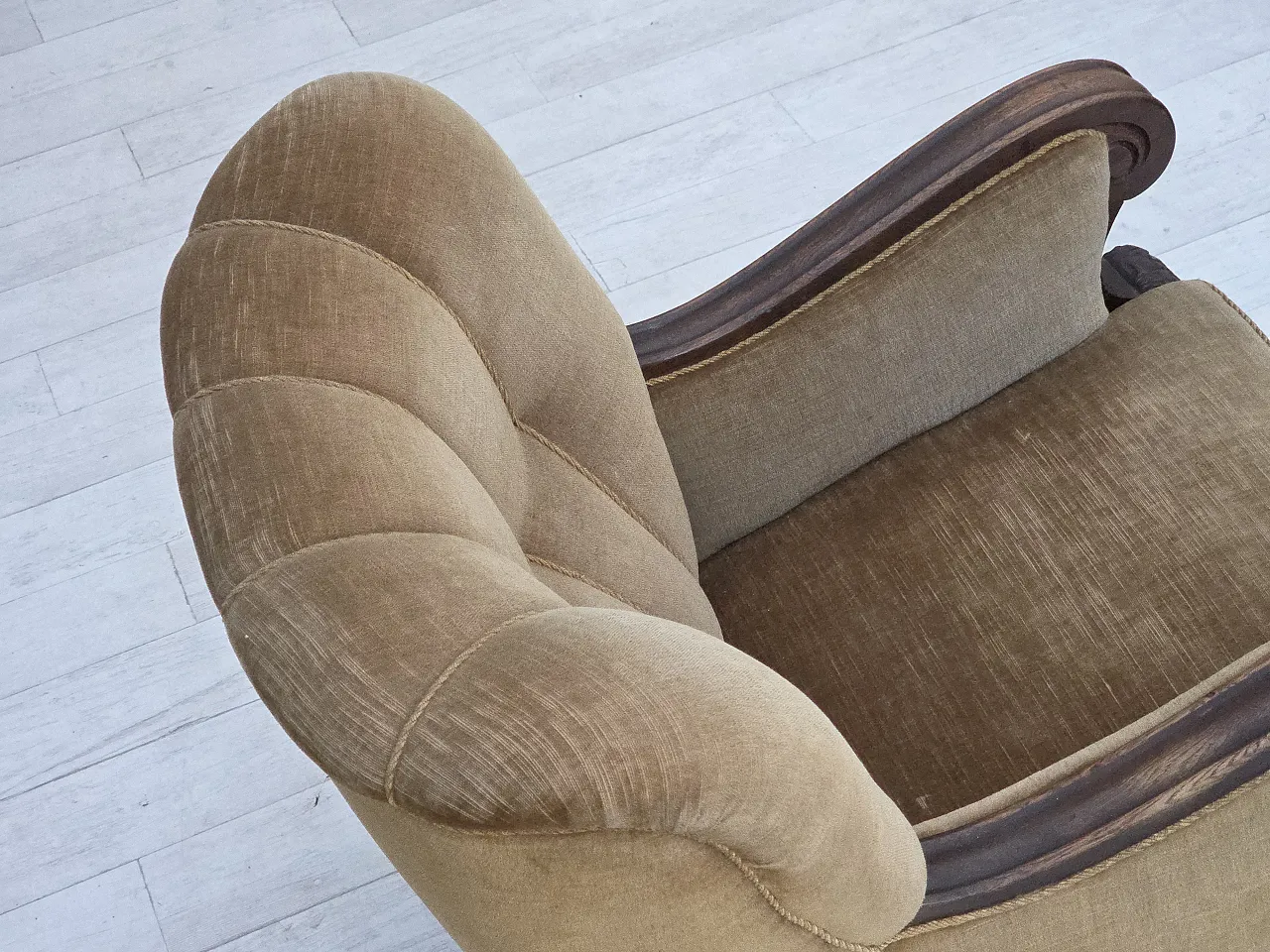 Danish armchair, green velour, carved oak wood, 1960s 11